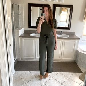 Olive green one piece jumpsuit tie waist & sleeves